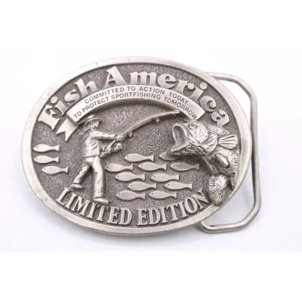 Fish America Belt Buckle Oval Design Sportfishing Pewter Ltd Edt USA Made Vtg